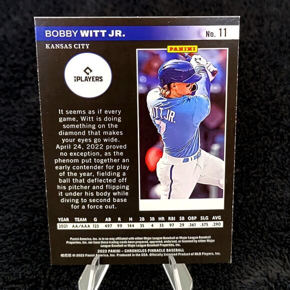 Bobby Witt Jr. (RC) 2022 Pinnacle #11 Kansas City Royals - Picture 2 of 2